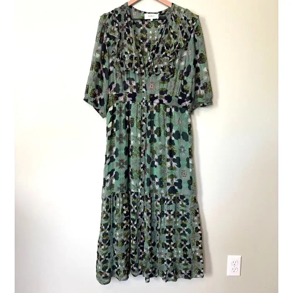 BA&SH Floral Hooper Maxi Dress Size 3 (Large) Green Watercolor Boho Cottagecore - Picture 3 of 11
